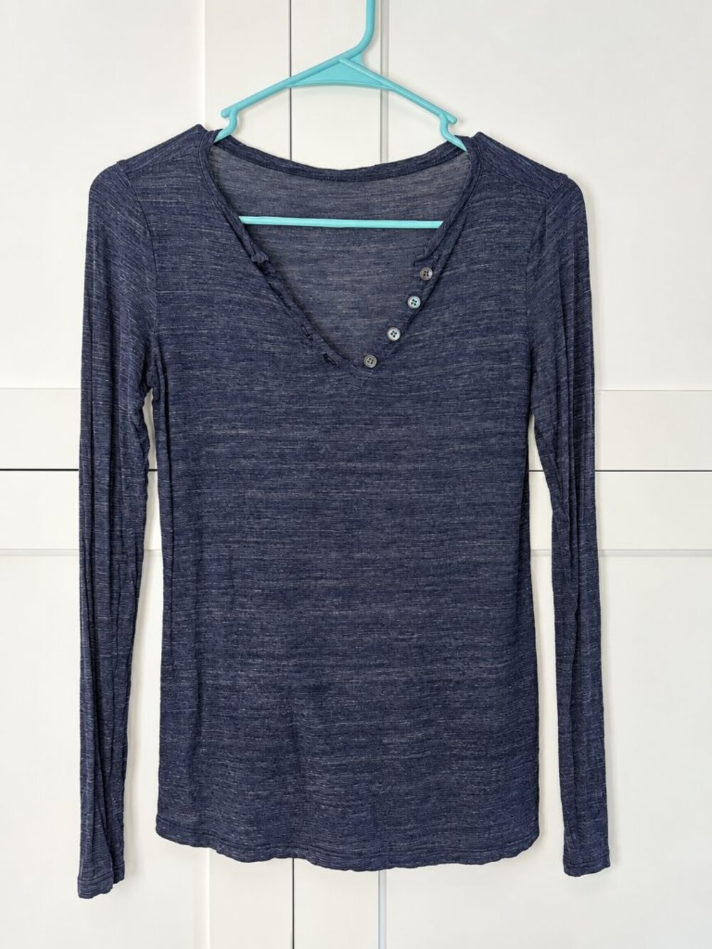 Heathered Navy Long Sleeve Henley Top Button Front Lightweight Shirt